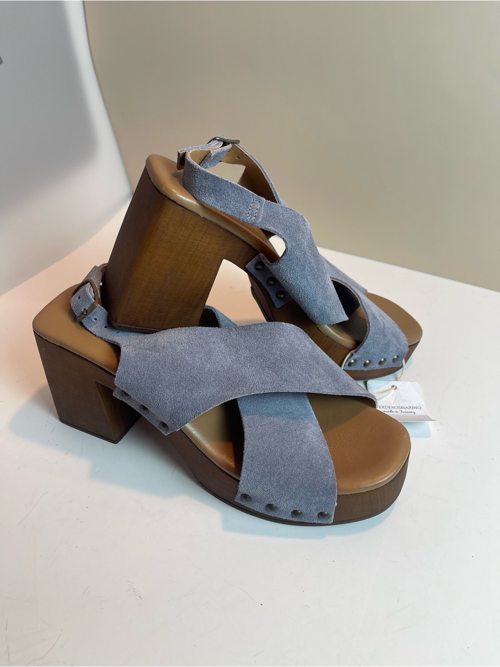 Verderosmarino Made In Italy Blue Suede  Platform Studded Sandals Sz 8 Boho Glam